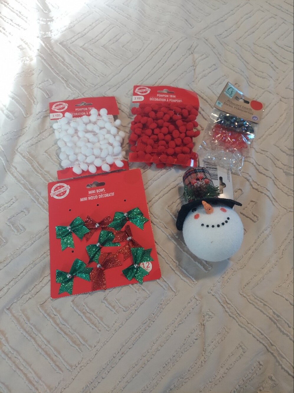 Christmas Craft Supplies Lot (Pom-Pom Trim, Mini Bows, Beads, & Snowman Head).